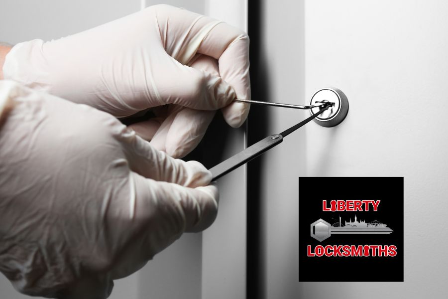 Locksmith picking a lock wearing white gloves